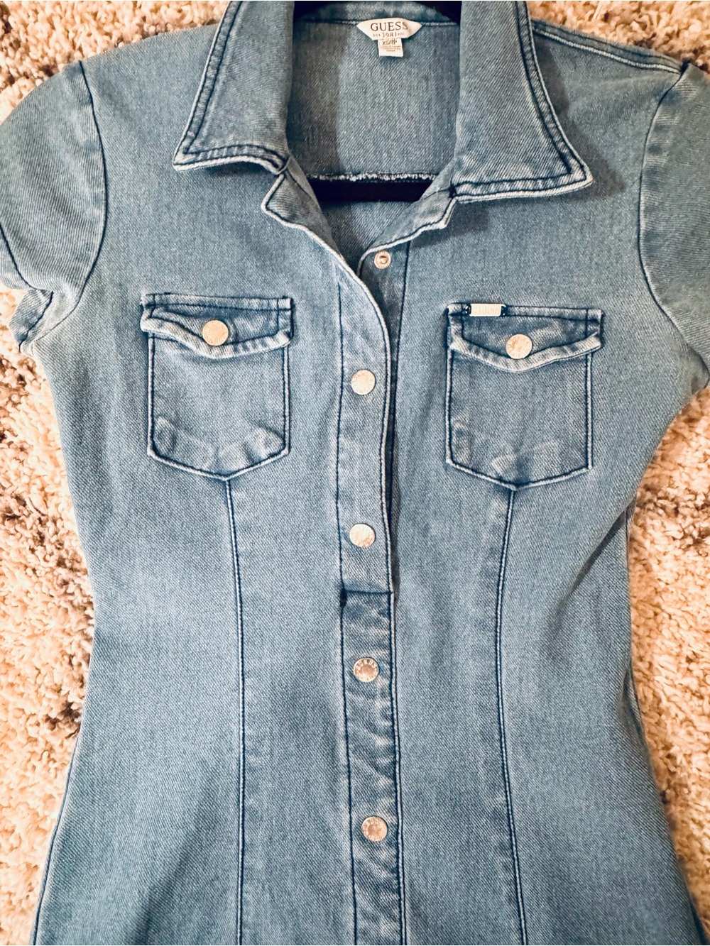 Guess Blue Denim Button-Front Mini Dress w/ stretch. - Picture 3 of 6